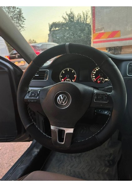 Dikişli Direksiyon Kılıfı Noktalı Nubuk Gri Yüzük Gri Dikiş Vw Jetta Için Uyumlu