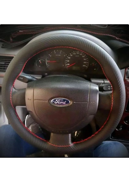 Dikişli Direksiyon Kılıfı Karbon Deri Kırmızı Dikişli Ford Connect Için Uyumlu