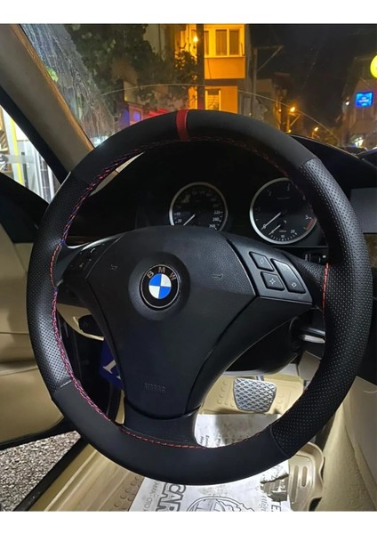 Dikişli Direksiyon Kılıfı Noktalı Nubuk Kırmızı Yüzük Kırmızı Dikiş Bmw Için