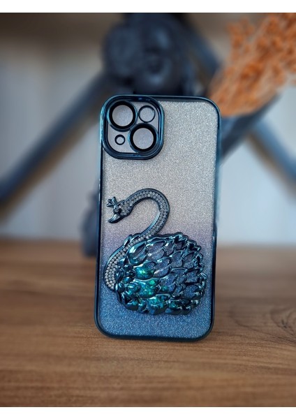 iPhone 15 Uyumlu 3D Kuğulu Taşlı Tam Kamera Korumalı Sulu Simli Lüks Kılıf