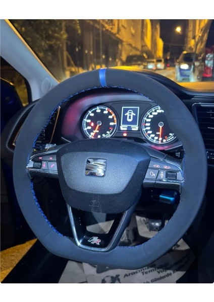 Dikişli Direksiyon Kılıfı Nubuk Deri Mavi Yüzük Mavi Dikişli Seat Leon Için