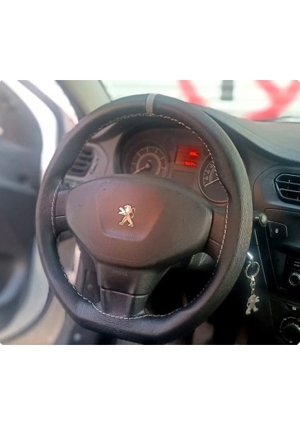 Dikişli Direksiyon Kılıfı Damarlı Deri Gri Yüzük Gri Dikiş Peugeot 301 Için