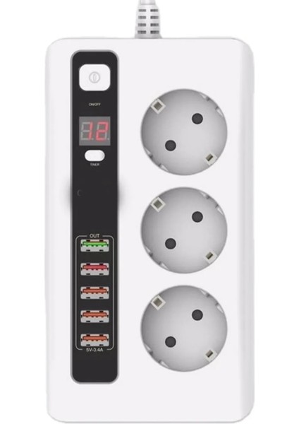5 USB Portlu Akıllı Zaman Ayarlı On/off Düğmeli 2 Metre Uzatma Kablolu 3'lü Priz Beyaz