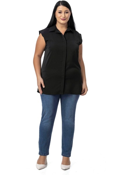 Büyük Beden Gizli Düğmeli Yandan Yırtmaçlı Kolsuz Siyah Gömlek fiyatları