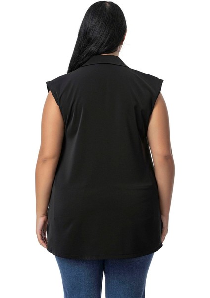 Büyük Beden Gizli Düğmeli Yandan Yırtmaçlı Kolsuz Siyah Gömlek modelleri