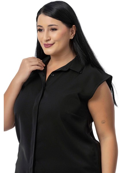 Büyük Beden Gizli Düğmeli Yandan Yırtmaçlı Kolsuz Siyah Gömlek fırsatları