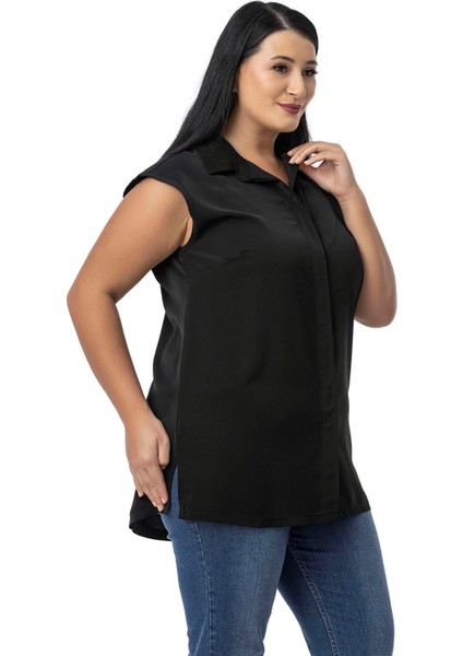 Büyük Beden Gizli Düğmeli Yandan Yırtmaçlı Kolsuz Siyah Gömlek indirimleri
