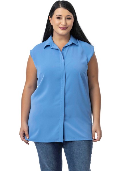 Büyük Beden Gizli Düğmeli Yandan Yırtmaçlı Kolsuz Siyah Gömlek