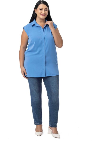 Büyük Beden Gizli Düğmeli Yandan Yırtmaçlı Kolsuz Siyah Gömlek fiyatları