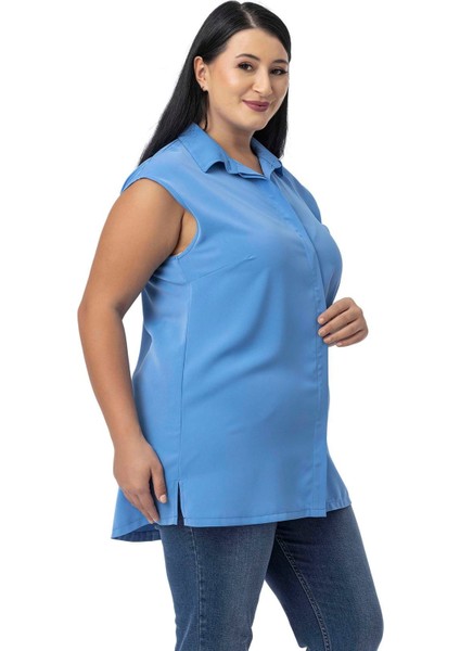 Büyük Beden Gizli Düğmeli Yandan Yırtmaçlı Kolsuz Siyah Gömlek indirimleri