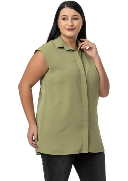 Büyük Beden Gizli Düğmeli Yandan Yırtmaçlı Kolsuz Siyah Gömlek indirimleri