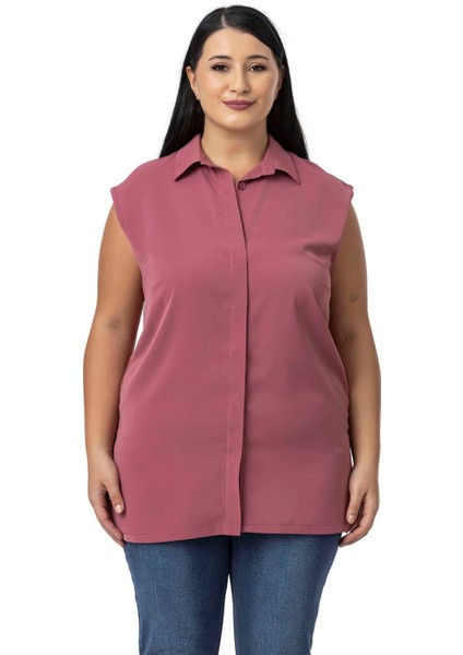 Büyük Beden Gizli Düğmeli Yandan Yırtmaçlı Kolsuz Siyah Gömlek