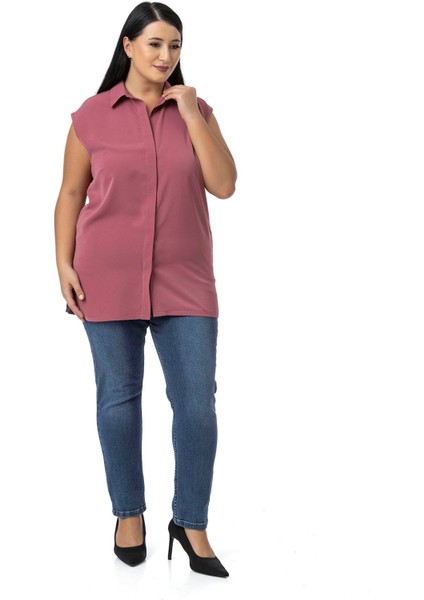 Büyük Beden Gizli Düğmeli Yandan Yırtmaçlı Kolsuz Siyah Gömlek fiyatları