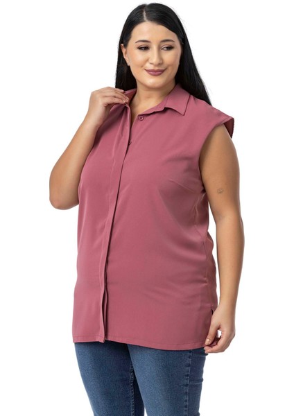 Büyük Beden Gizli Düğmeli Yandan Yırtmaçlı Kolsuz Siyah Gömlek indirimleri