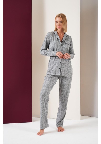 Kadın Düğmeli Yıldız Desenli Uzun Kol Pijama Takım