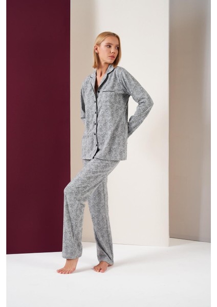 Kadın Düğmeli Yıldız Desenli Uzun Kol Pijama Takım