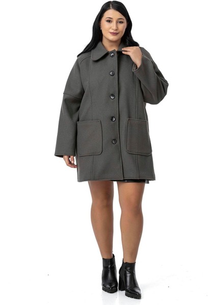 Büyük Beden Gömlek Yaka Reglan Kollu Torba Cepli Astarsız Kaşe Kısa Gri Kaban