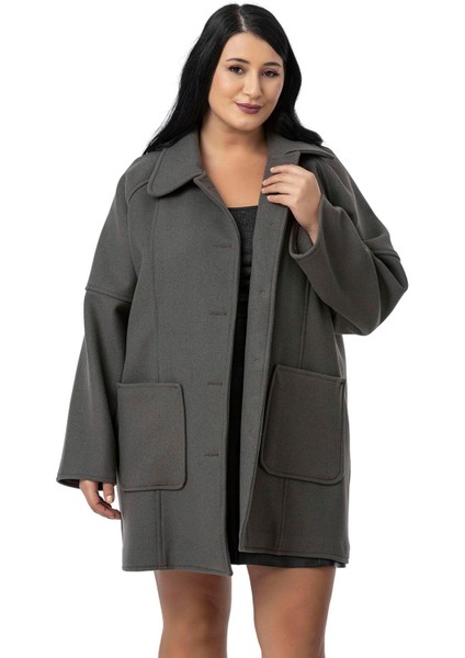 Büyük Beden Gömlek Yaka Reglan Kollu Torba Cepli Astarsız Kaşe Kısa Gri Kaban fiyatları