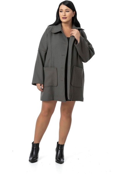 Büyük Beden Gömlek Yaka Reglan Kollu Torba Cepli Astarsız Kaşe Kısa Gri Kaban fırsatları