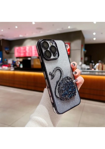 iPhone 15 Pro Uyumlu 3D Kuğulu Taşlı Tam Kamera Korumalı Sulu Simli Lüks Kılıf