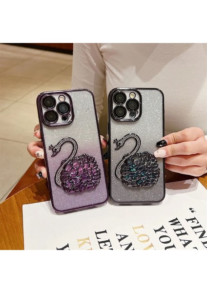 iPhone 15 Pro Uyumlu 3D Kuğulu Taşlı Tam Kamera Korumalı Sulu Simli Lüks Kılıf fiyatları