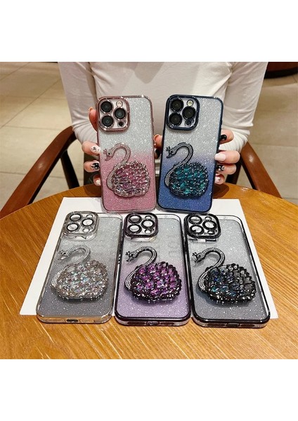 iPhone 15 Pro Uyumlu 3D Kuğulu Taşlı Tam Kamera Korumalı Sulu Simli Lüks Kılıf modelleri