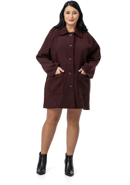 Büyük Beden Gömlek Yaka Reglan Kollu Torba Cepli Astarsız Kaşe Kısa Bordo Kaban