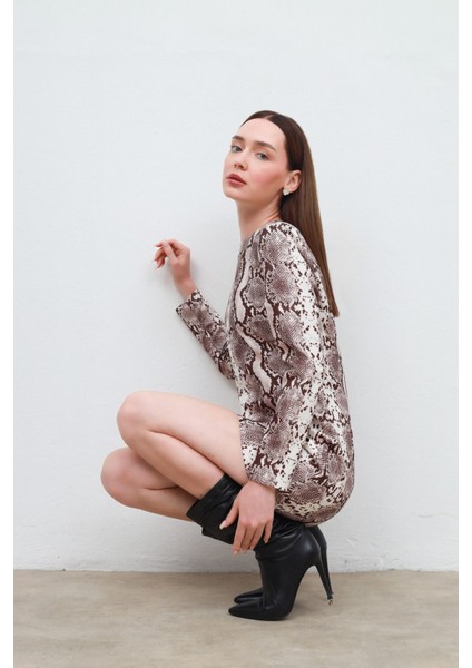 Yılan Baskılı Elbise Ekru - S