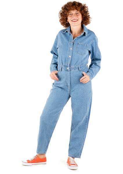Taş Yıkama Mavi Denim Kadın Tulum