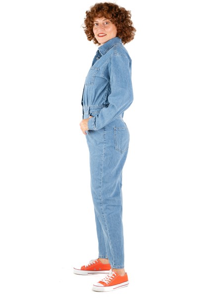 Taş Yıkama Mavi Denim Kadın Tulum modelleri