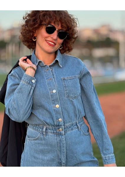 Taş Yıkama Mavi Denim Kadın Tulum indirimleri