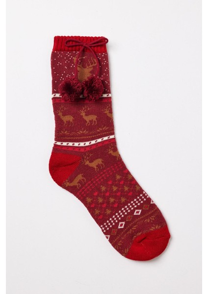 Çocuk Ponponlu Yılbaşı Havlu Soket Çorap kırmızı fırsatları