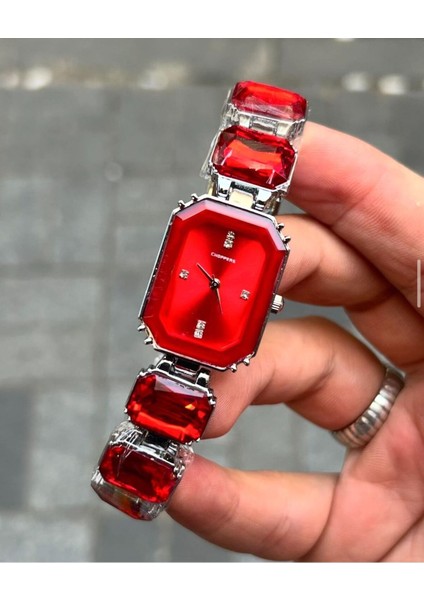 Swaroski Model Kristal Taşlı Sekizgen Çelik Saat