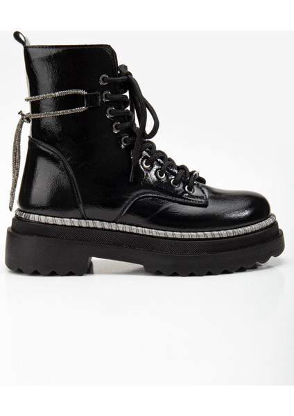 45 Kadın Simli Sargılı Kısa Postal Bot Siyah Kırışık Rugan fiyatları