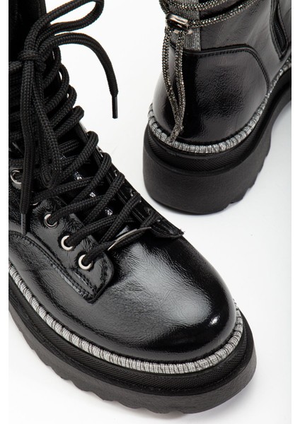 45 Kadın Simli Sargılı Kısa Postal Bot Siyah Kırışık Rugan modelleri