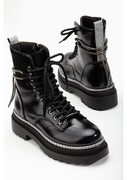 45 Kadın Simli Sargılı Kısa Postal Bot Siyah Kırışık Rugan fırsatları