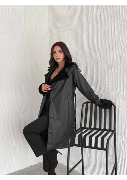 Kürk Detaylı Uzun Deri Trençkot