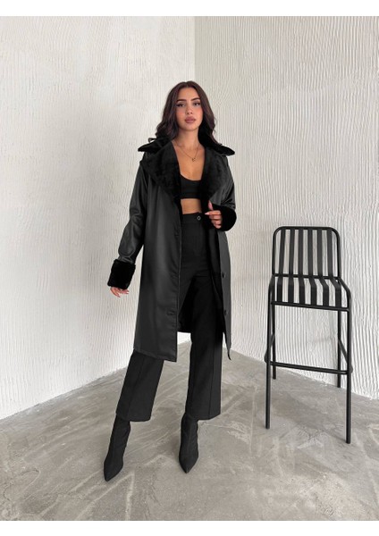 Kürk Detaylı Uzun Deri Trençkot fiyatları