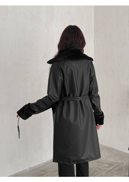 Kürk Detaylı Uzun Deri Trençkot modelleri