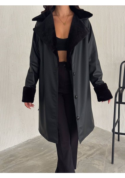 Kürk Detaylı Uzun Deri Trençkot fırsatları