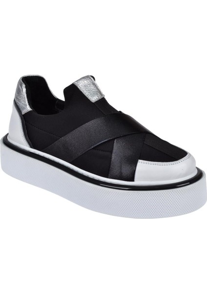Hakiki Deri Üzeri Likralı Kadın Ayakkabı PLM-34123 SİYAH BEYAZ