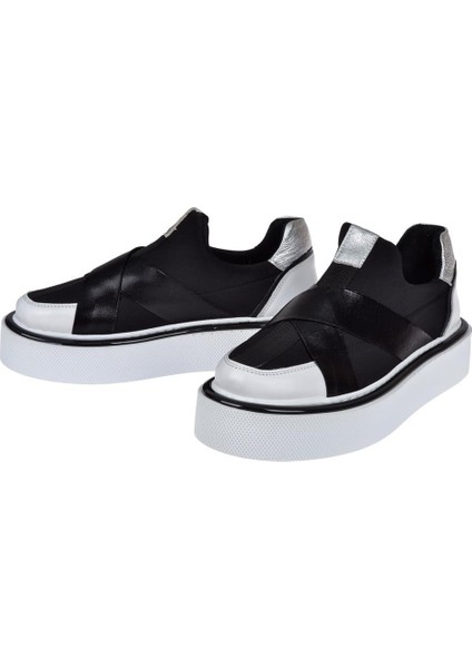 Hakiki Deri Üzeri Likralı Kadın Ayakkabı PLM-34123 SİYAH BEYAZ fırsatları