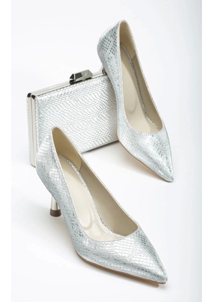 Ithal Malzeme Özel Üretim Stiletto ve Çanta Takımı Gümüş