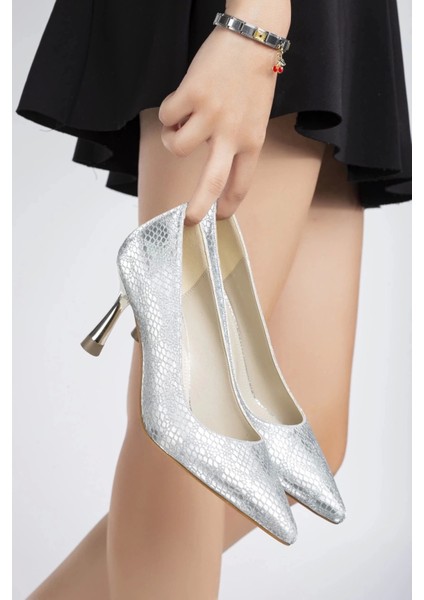 Ithal Malzeme Özel Üretim Stiletto ve Çanta Takımı Gümüş