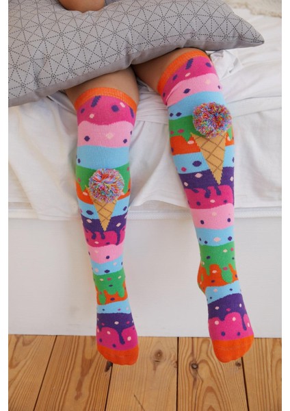 Kız Çocuk Dondurma Desenli Dizaltı Çorap