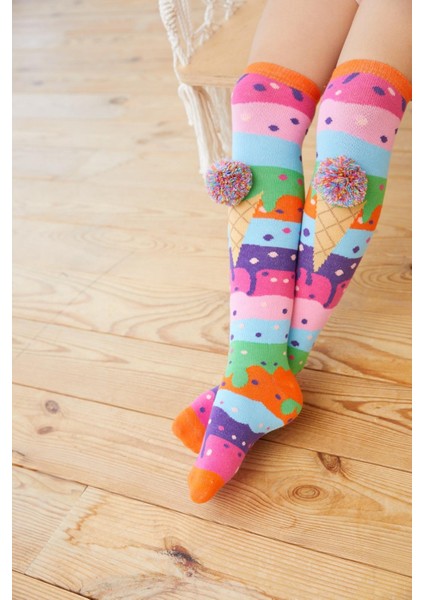 Kız Çocuk Dondurma Desenli Dizaltı Çorap