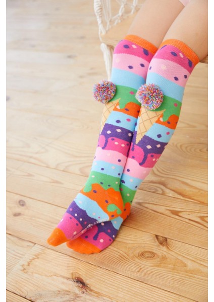 Kız Çocuk Dondurma Desenli Dizaltı Çorap