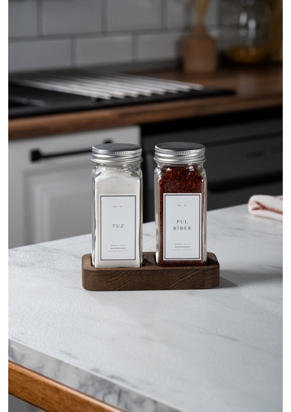 2'li Ahşap Standlı Cam Baharatlık Seti Kapaklı Etiketli Baharatlık Takımı modelleri