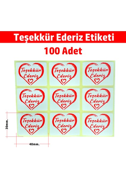 Kalp Desenli Teşekkür Etiketi - Thank You Sticker Yapışkanlı Kırmızı 30X40MM 100 Adet