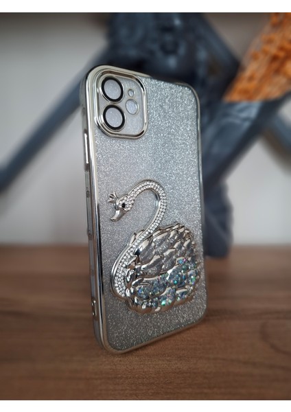 iPhone 11 Kuğulu Taşlı Tam Kamera Korumalı Sulu Simli 3D Kılıf